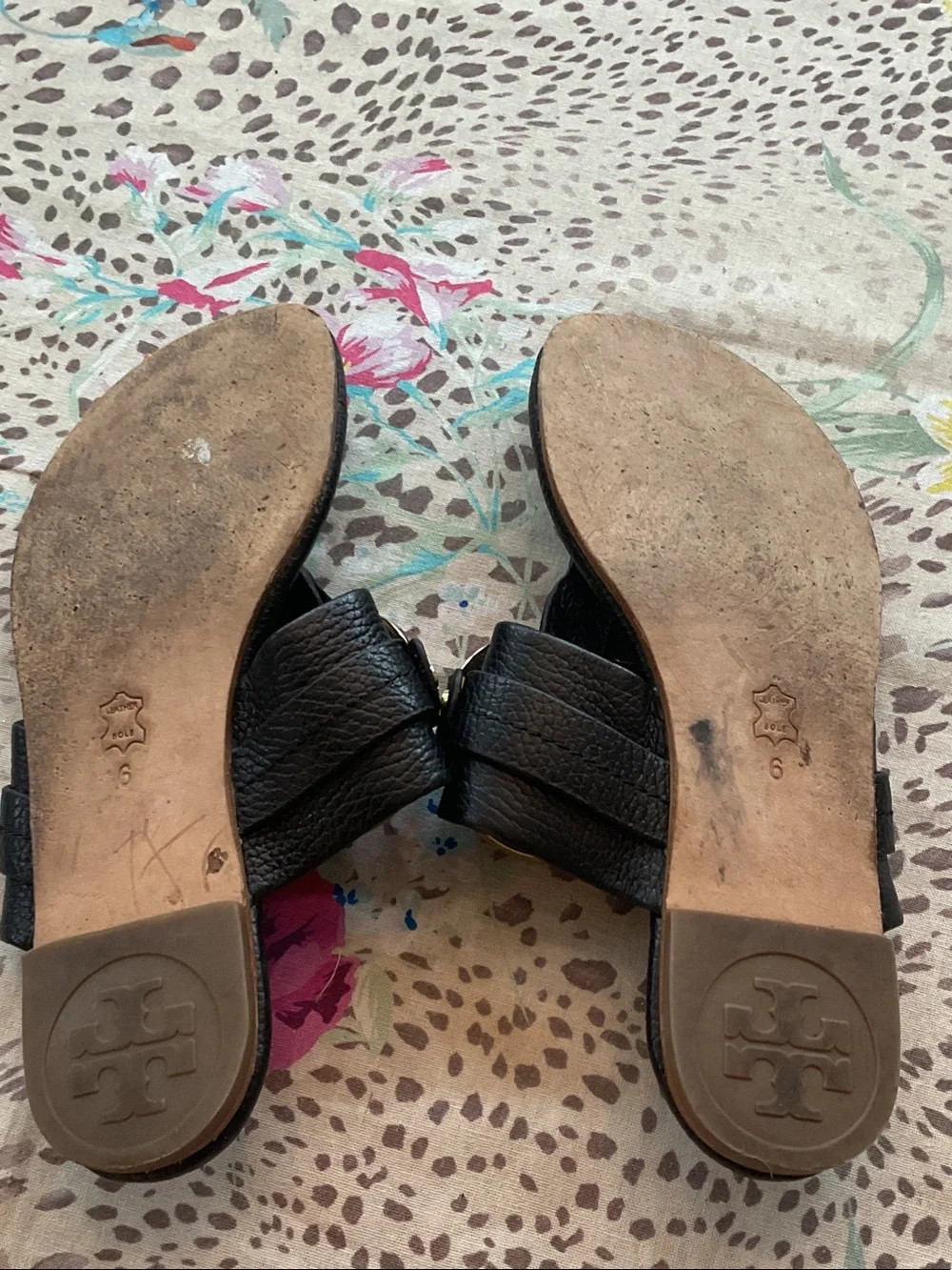Tory Burch Black Leather Amanda Sandals with Gold Logo Medallions